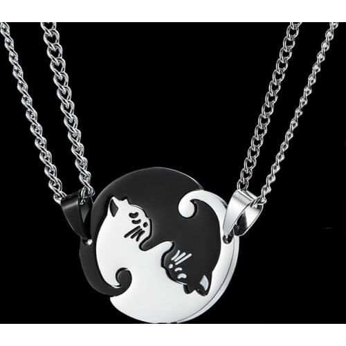 2pcs Cute Cat His And Her Couple Necklaces Chinese Taiji Luck Pendant Necklace Stainless Steel Jewelry Lover Gift