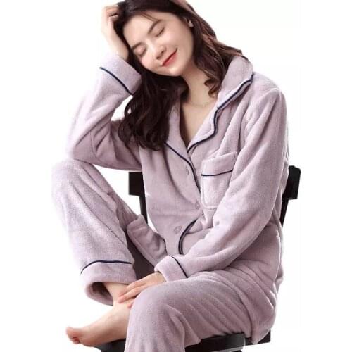 Pajamas women autumn and winter long-sleeved home service flannel thickened large size trousers warm suit solid color 2020