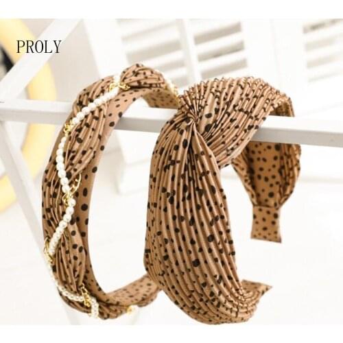PROLY New Fashion Womens Headband Pleated Point Hairband Pearls Beaded Decoration Leopard Headwear Hair Accessories Adult