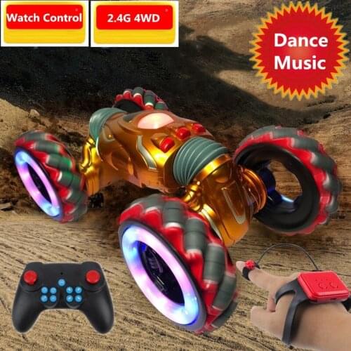 RC Stunt Watch & Remote Control 2 to 1 Twist Car With Music Dancing Flash Light Effect Gesture Sensing Deformation Toy Kid Gift