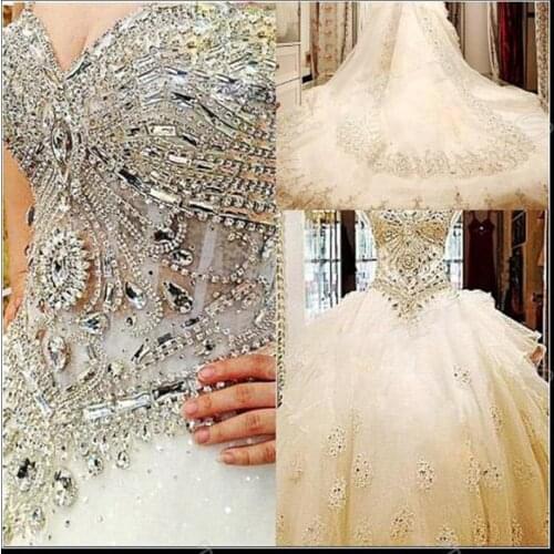 Luxury Best Wedding Gown Fashion Handmade Crystals Beads Cathedral Train Spring Summer Wedding Dress 2021 Bridal Gown With Lace