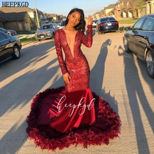 Sexy Burgundy Glitter Mermaid Prom Dresses With Feathers Backless Long Sleeves Velvet Plus Size Black Girls Graduation Dress