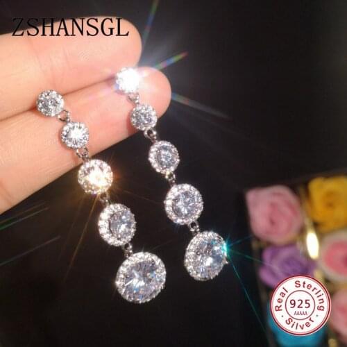 Fashion Female Crystal Round Cut Drop Earrings With AAA Zircon 925 Silver filled Boho Wedding Jewelry Long Dangle Earrings