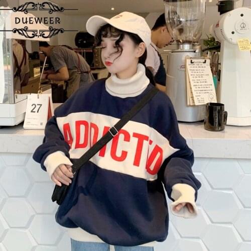 DUEWEER Hoodies Womens Letter Printed Oversize Thicker Plus Velvet Harajuku Korean Ulzzang Long Sleeve Women Turtleneck Tops