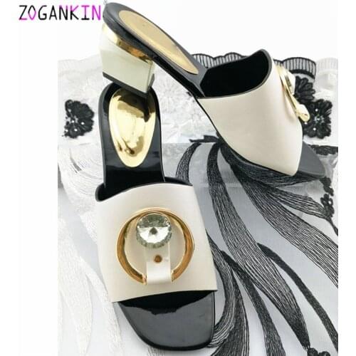 Latest African Style Pu Leather Italian Women Shoes with Shinning Crystal Nigerian Comfortable Heels for Party in White Color