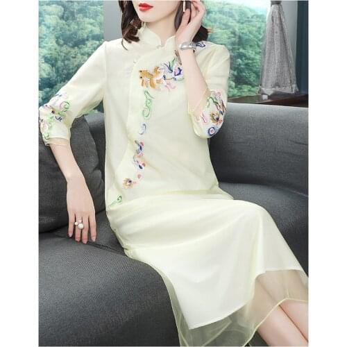 Spring Chinese literary retro style golden fish Embroidered elegant two-layers Improved organza cheongsam dress for women