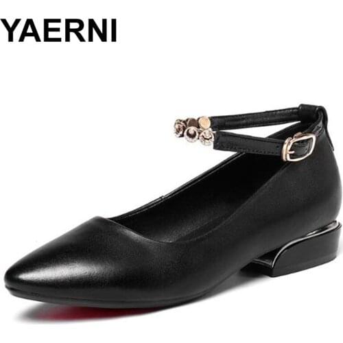 YAERNI Women Genuine Leather Shoes 2020 Pointed Low Heel Shoes Women Large Size 41 42 43 Fashion Dress Shoes Spring Shoes