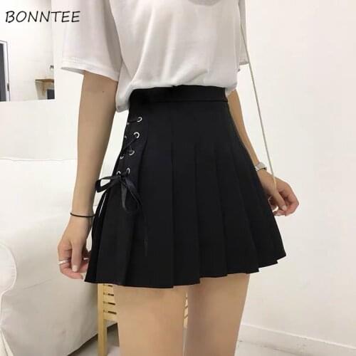 Plus Size Skirts Women Solid Pleated Summer Cross Bandage Side Waist Stylish Female Jupe Harajuku Student Bottom All-match Chic