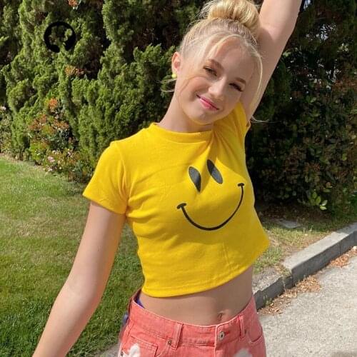 Yellow Smile Printed Short Sleeve Crop Top T Shirt Women Summer Clothes Cute Tshirts Ladies Streetwear Cropped Y2K Tee Shirt