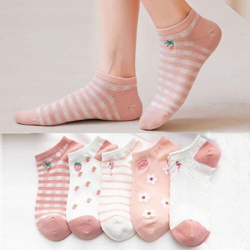 Spring And Summer Women Fashion Cotton Short Heel Boat Socks High Quality Embroidered Pink Series Cute Breathable Shallow Mouth