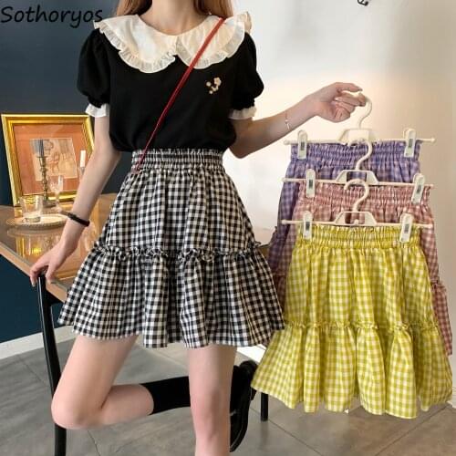 Women Plaid Skirts Candy Color Sweet Girls Loose Elastic Waist Students Fashionable Females Daily Summer Mini All-match Popular