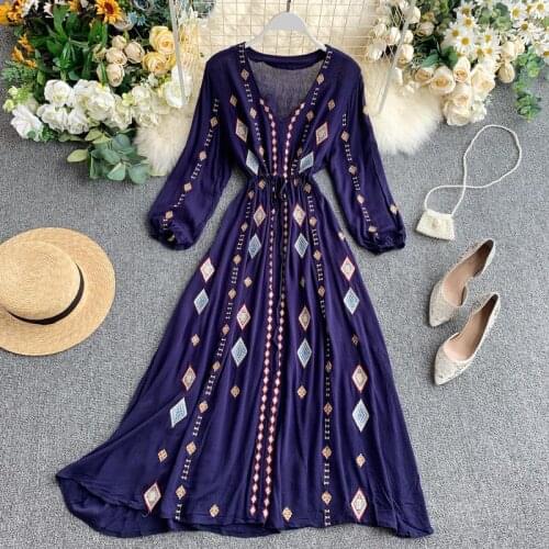 National women geometric dresses lady embroidery cotton linen dresses women a-line autumn dresses