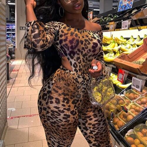 New 2020 Sexy Women Leopard Print 2 Piece Sets Off-shoulder Full Sleeve High Fork Bodysuit + Long Pants Suits Fashion Streetwear