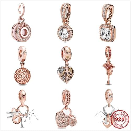 925 Sterling Silver Rose Gold Glamour Shiny Leaf Mother Delights pendant fits DIY jewelry with original Pandora charm Bracelet