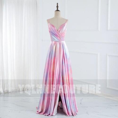 New Collection Colorful Summer Long Printing Prom Dresses Lace-Up Sexy Straps High Slit Silk Satin Formal Women Party Dress
