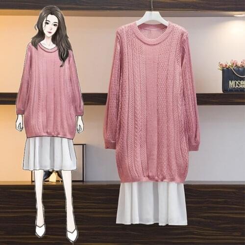 EHQAXIN Womens Dress Set Fall Winter Large Size New Hollow Knitted Loose Sweater Dress + White Sling Dress Two Piece Suit M-4XL