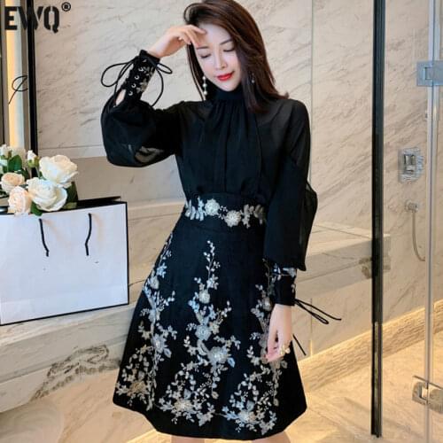 [EWQ] Temperament Simple Fashion Trend Women New Stand-up Collar Beaded Loose Lantern Sleeve Dress Summer 2021 16E997