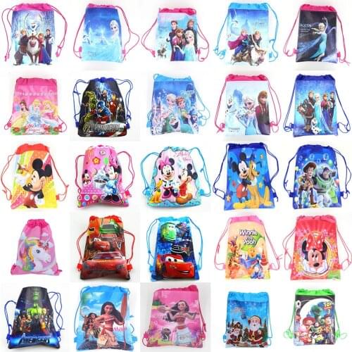 12pcs/lot Disney Frozen Mickey Birthday Party Bag Fabric Backpack princess Child Travel School Bag Decor Drawstring Gift Bag