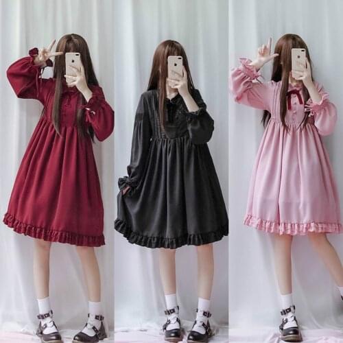 2019 Japanese Soft Sister Red Dress For Female Mori Girl Vintage Lantern Sleeve Long Sleeve Lace Dresses Lolita Bow Doll Dress