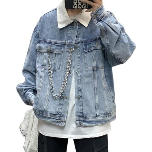 2021 plus velvet fashion liner denim jacket male necklace decoration loose short jacket