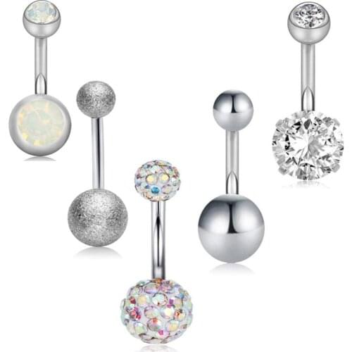 5Pcs/set Sexy Dangling Navel Belly Button Ring Oreja 14G Double Round Cubic Zirconia 316L Surgical Steel Belly Piercing Jewelry