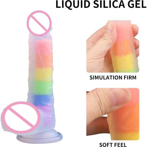 7.6 inch Liquid Silicone Lifelike Huge Rainbow Dildo - Strong Suction Cup - Realistic Extremely Soft Sex Toys 100% Waterproof