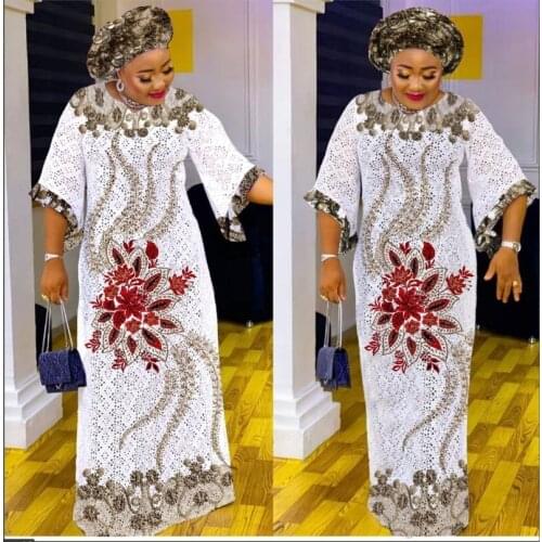 White African Dresses for Women 2021 Summer Long Maxi Dress African Clothes Dashiki Hollow Out Robe Africaine Femme With Scarf