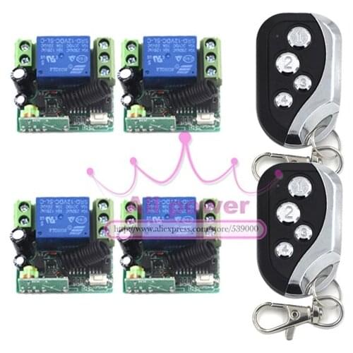 Free shipping DC12V 1ch rf Wireless Remote Control Switch System 4Receivers & 2Transmitter 433/315mhz learn code switch