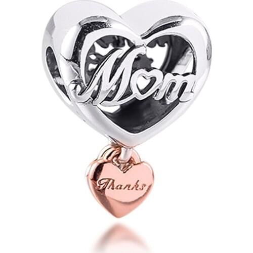 2021 Mothers Day Fits Pandora Bracelet 925 Sterling Silver Thank You Mum Heart Charms Beads DIY Jewelry Making Gift Wholesale