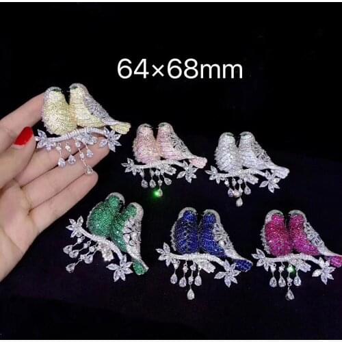 925 sterling silver with cubic zircon double birds brooch pins fashion women jewelry top quality middle size 64*68MM green