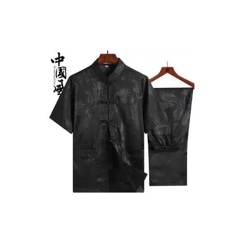 Summer size Chinese style Tang suit ice silk casual mens short sleeve pants two-piece set