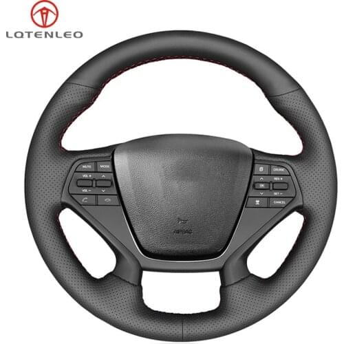 LQTENLEO Black Artificial Leather Hand-stitched Car Steering Wheel Cover For Hyundai Sonata 9 2015 2016 2017 2018 2019 (4-Spoke)