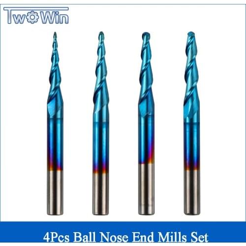 New Arrivals 1/8" Shank 4-PCS 2-Flute Tapered Ball Nose End Mills Set Router Bits Kit Set For Milling Tools