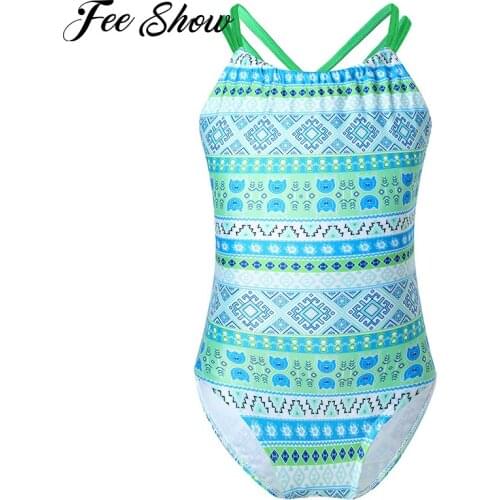 2021 New Kids One-Piece Swimwear for Girls Spaghetti Shoulder Straps Pattern Bohemian Children Swimsuit Beachwear Bathing Suit