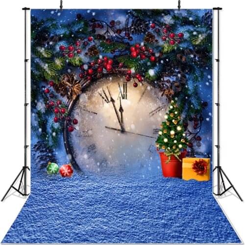 Christmas Photography Background Huge Clock Gift Blue Snow Potted Plants Backdrop Party Decoration Props Banner For Photo Studio