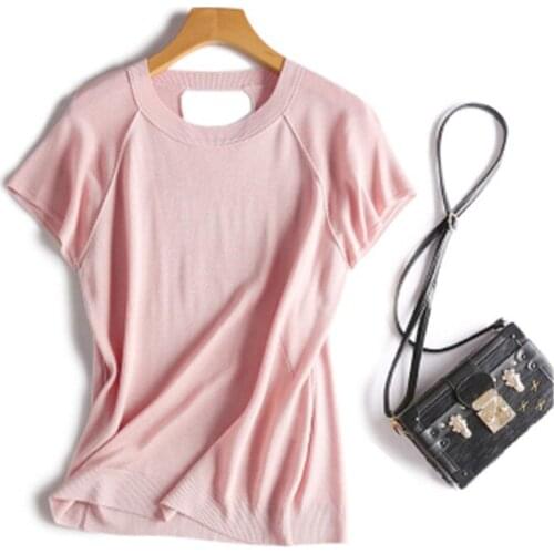Silk polyester blend knit women summer fashion thin t-shirt oneck pullover tees short sleeve pink 6color one&over size