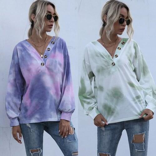 Fashion Tie-dyed Hoodies Women Street Style Casual Loose Botton Patchwork Sweatshirt Women V-neck Long Sleeve Tops for Women