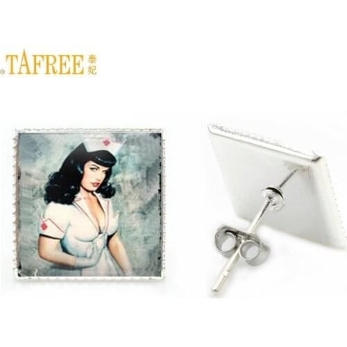 TAFREE Vintage Nurse stud earrings fashion charms Pin Up girl anatomy photo tree flower men women jewlery AA16