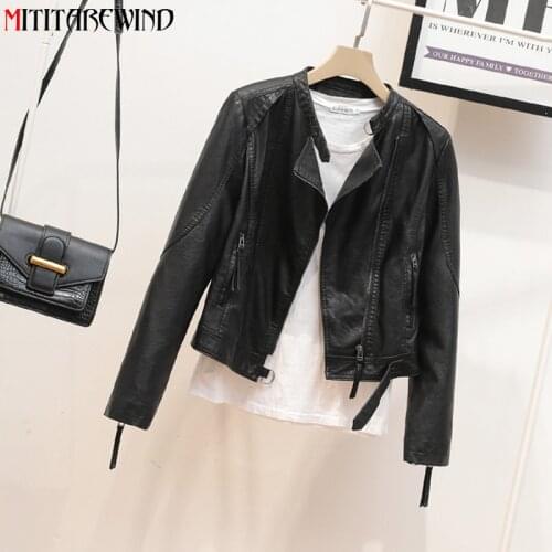 2021 Spring New PU Leather Jacket Ladies Korean Fashion Short Style Slim Fit Thin Leather Coat Femme Stand Collar Biker Jacket