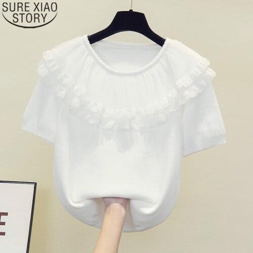 Plus Size Women Clothing Shirts Tops Blouses 2021 Summer New Lace Blouse Knitted Shirts O-neck Loose Short Sleeve Tops 13938