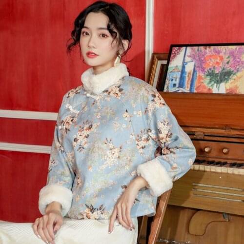 Hanfu Tang suit plus velvet suede Chinese style printing daily Republic China costume wind short coat female autumn winter vv