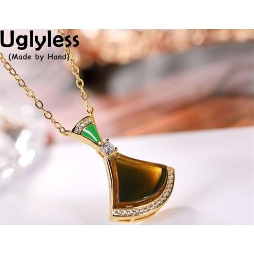 Uglyless A Dress Natural Blue Amber Sector Geometric Necklaces for Women Simple Triangle Pendants + Chain Crystals 925 Silver