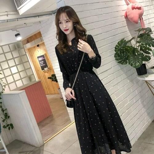 Women 2021 Autumn New Fashion Long-sleeved Chiffon Dress Female Print Floral Dresses Ladies Loose O-Neck A-Line Vestidos D776