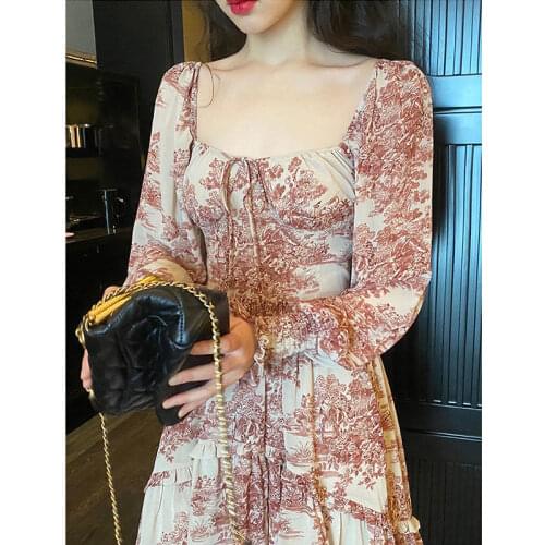 French Floral Sweet Dress Outdoor Casual Dresses Female Summer 2021 Women Floral Print Elegant Puff Sleeve Chiffon Party Dress