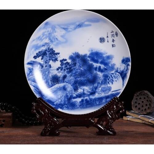 25cm Jingdezhen Celadon Hand paint Ceramic Ornamental Plate Plastic Base Porcelain Plate Set Wedding Gift