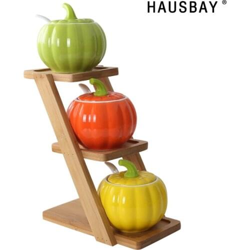 3pcs/Set Ceramic Seasoning Pumpkin Bottle With Tray Seasoning Pot Combination Kitchen Accessories Home Decor Tableware 08146