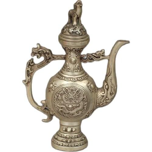 Antique white copper -- silver plated bronze kettle with dragon pattern