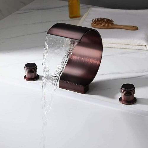 Free ship Modern Deck Mounted widespread Waterfall Tub Faucet Bathtub Filler Oil Rubbed Bronze color ring handles