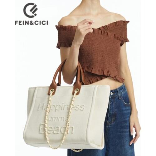 Women designer beaded pearls brand handbag large capacity jumbo chain shoulder bag leather handle design canvas totes beach bag