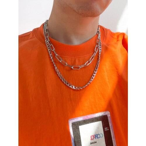 Stillgirl Double Layer Punk Silver Color Chain Necklace for Men Hip Hop Kpop Cool Geometric Set Couple EMO Fashion Jewelry Colar
